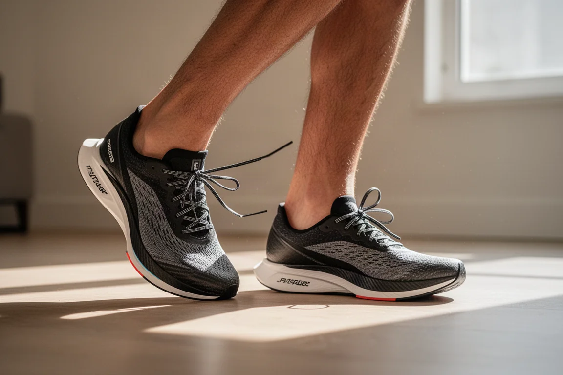 Corredor atándose los cordones de unas zapatillas de competición con placa de carbono antes de una carrera matinal