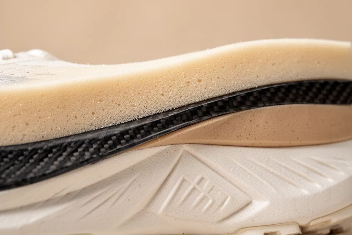 Primer plano de la mediasuela de una zapatilla de running con placa de carbono mostrando la construcción de espuma en capas