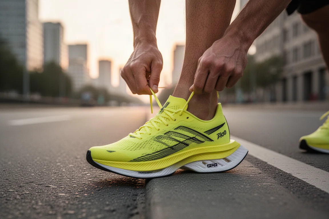 Corridore che allaccia una scarpa da gara con piastra in carbonio su una strada cittadina prima dell'allenamento