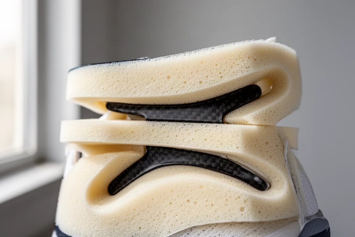 Primo piano della intersuola di una scarpa da running con piastra in carbonio che mostra il design del foam scomposto