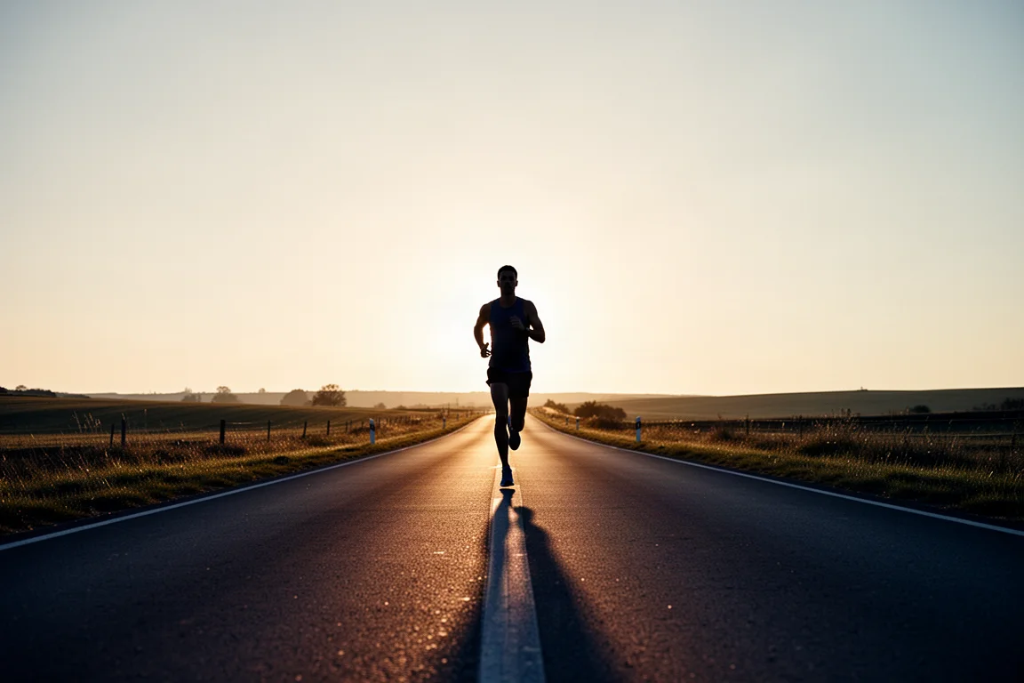 Corridore che completa un longo chilometraggio su una strada d'asfalto vuota all'ora dorata