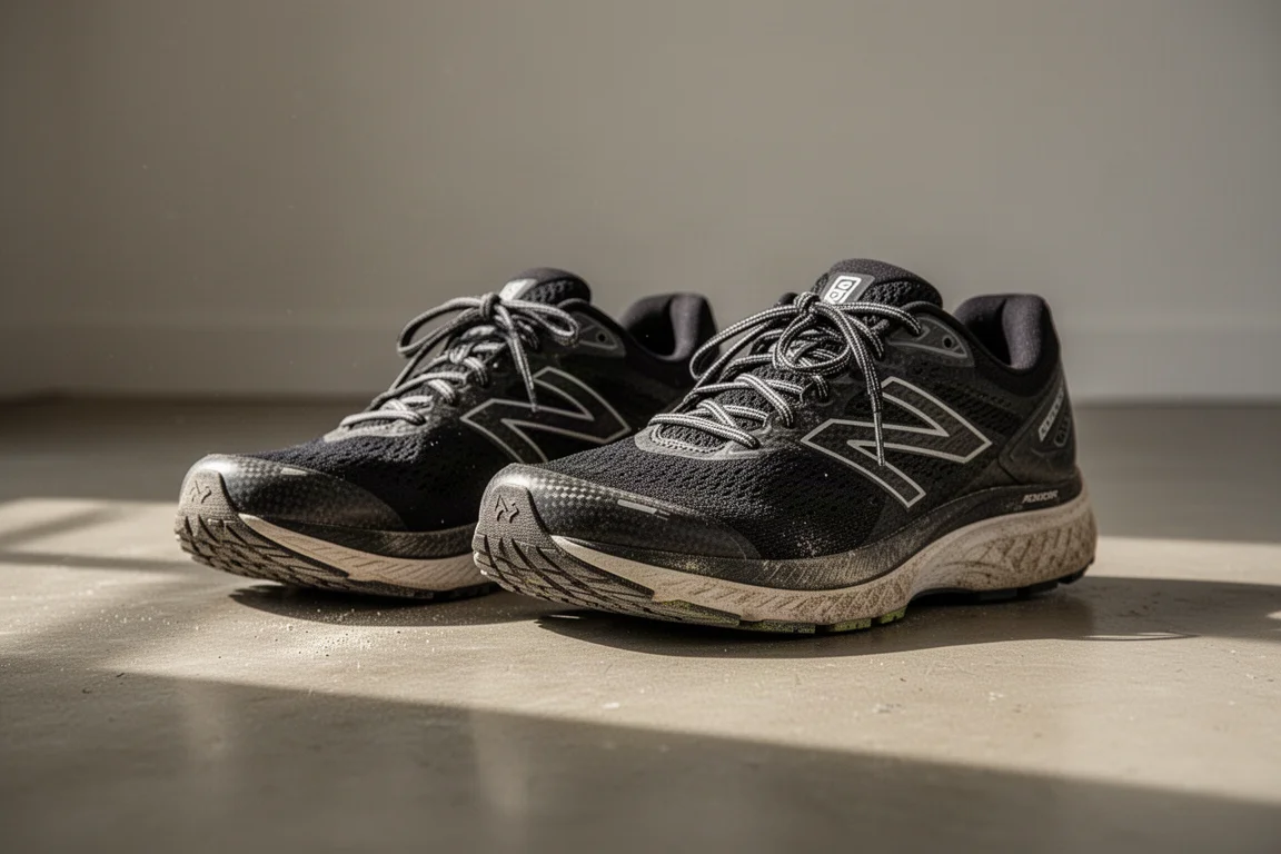 Due scarpe da running appoggiate affiancate dopo una sessione di allenamento per la maratona
