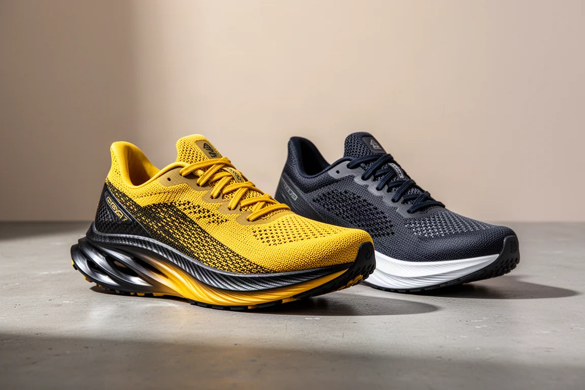 Hoka Cielo X1 and Saucony Endorphin Pro 4 racing shoes side by side on concrete