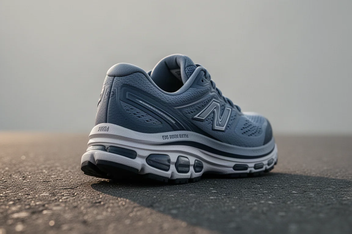 Nahaufnahme einer stark gedämpften Laufschuh-Mittelsohle auf Asphalt