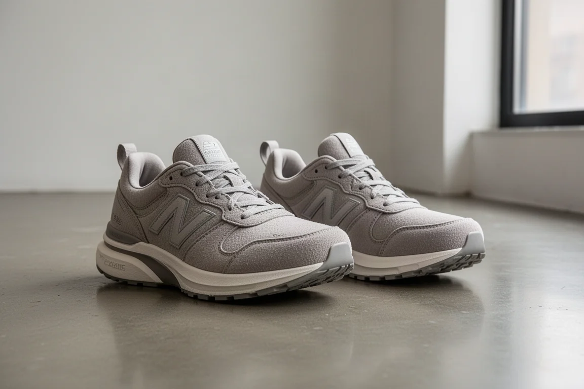 Zwei weich gedämpfte Laufschuhe nebeneinander auf Betonboden