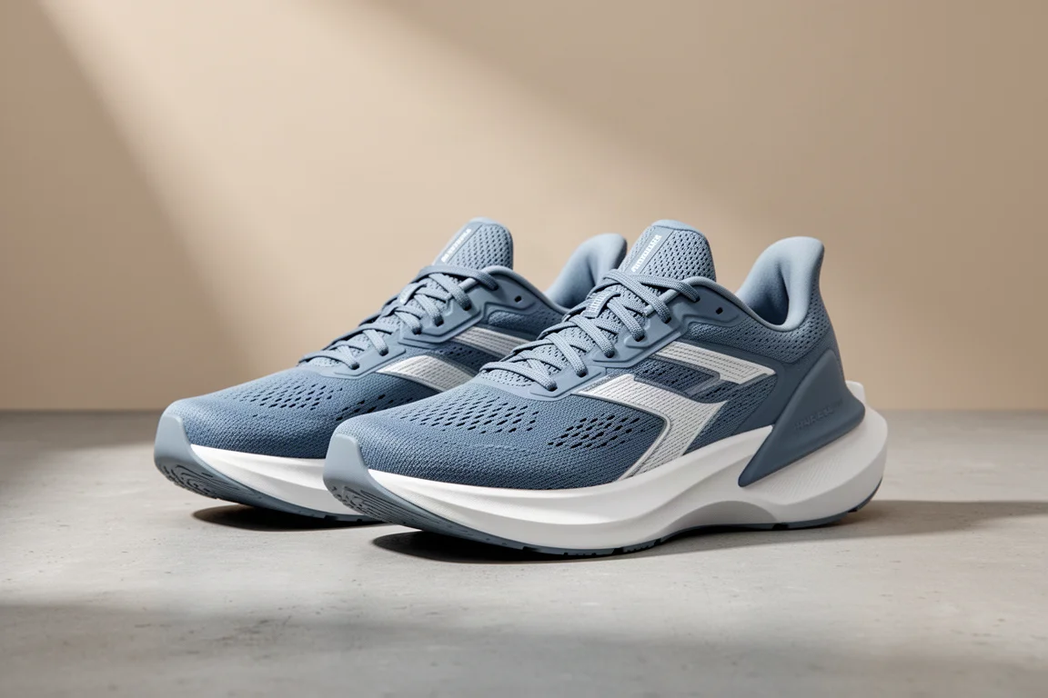 Pair of thick-cushioned blue and white running shoes on grey concrete