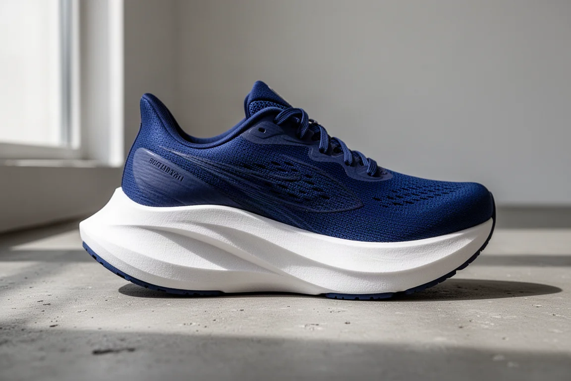 Primo piano del midsole spessa e ammortizzata di una scarpa da running che mostra gli strati di schiuma