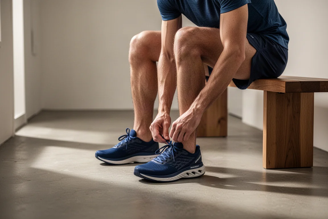 Un runner allaccia le stringhe di una scarpa da running ammortizzata su un marciapiede suburbano tranquillo