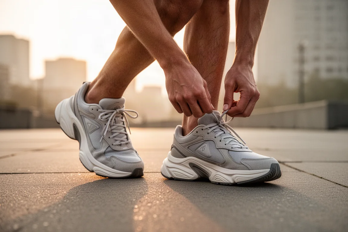 Un corredor ata los cordones de un par de entrenadoras diarias amortiguadas en un pavimento tranquilo al amanecer