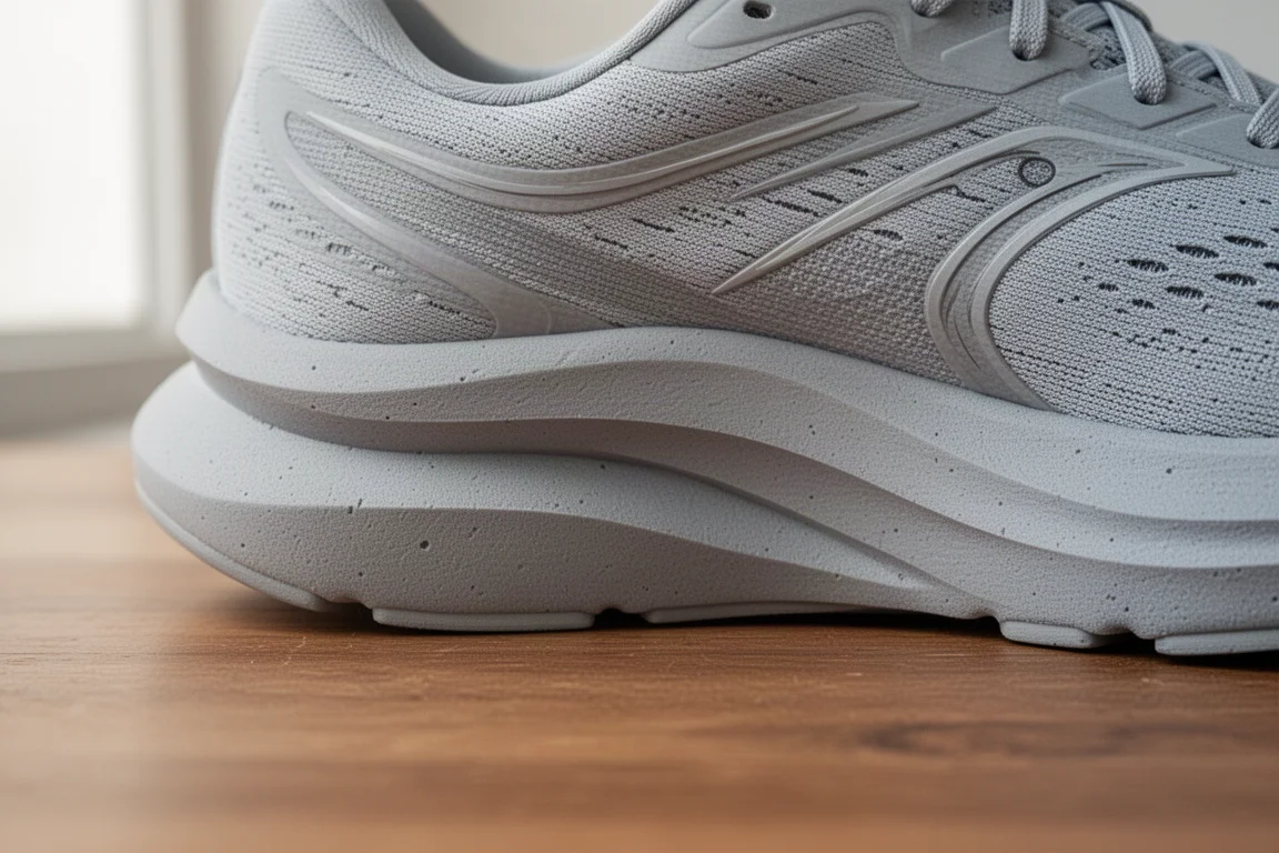 Primer plano de la mediasuela de una zapatilla de running mostrando la altura del talón y la geometría rocker