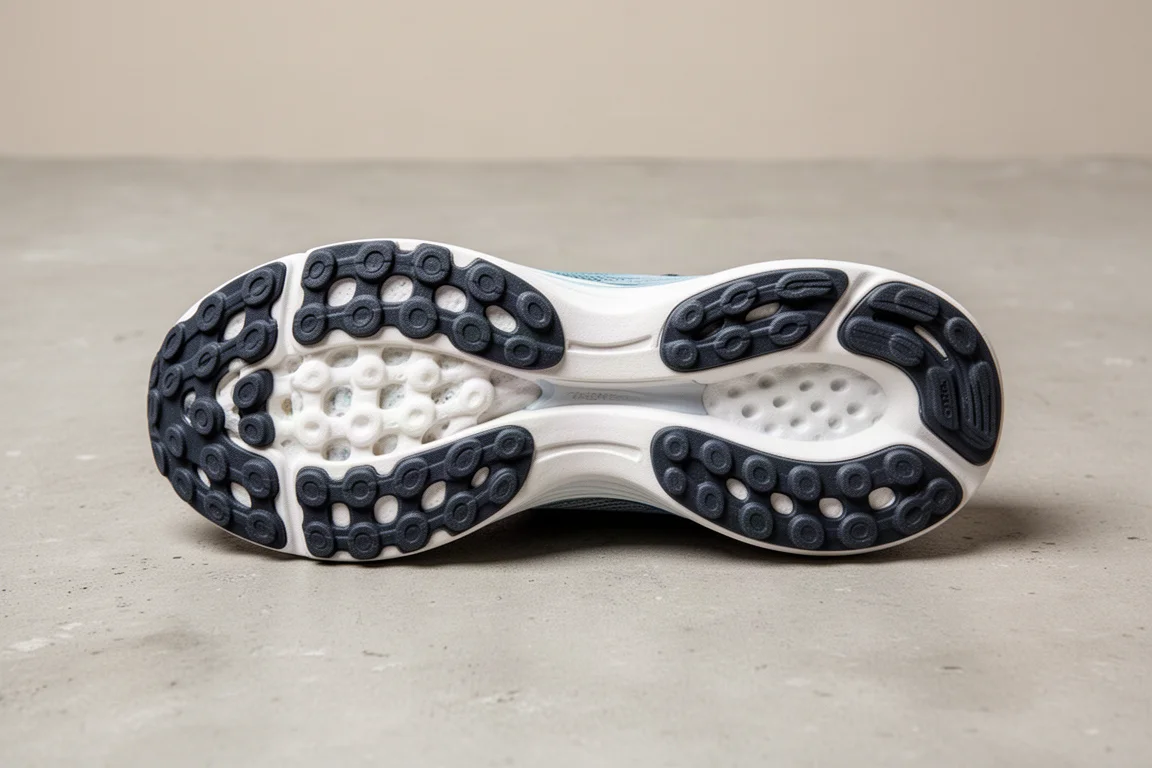Suela de una zapatilla de running mostrando la cobertura de goma en el antepié y el talón