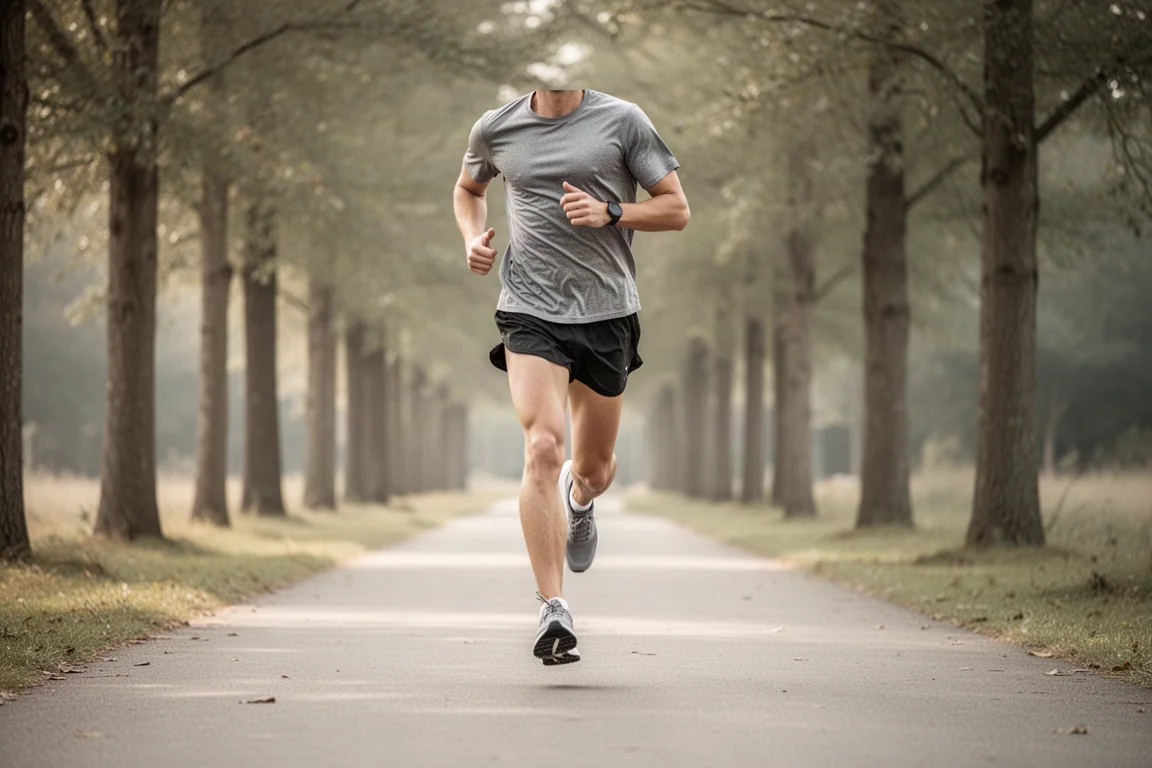 柔らかな日差しの下、並木道の舗装された小道をリラックスしたペースで走るランナー