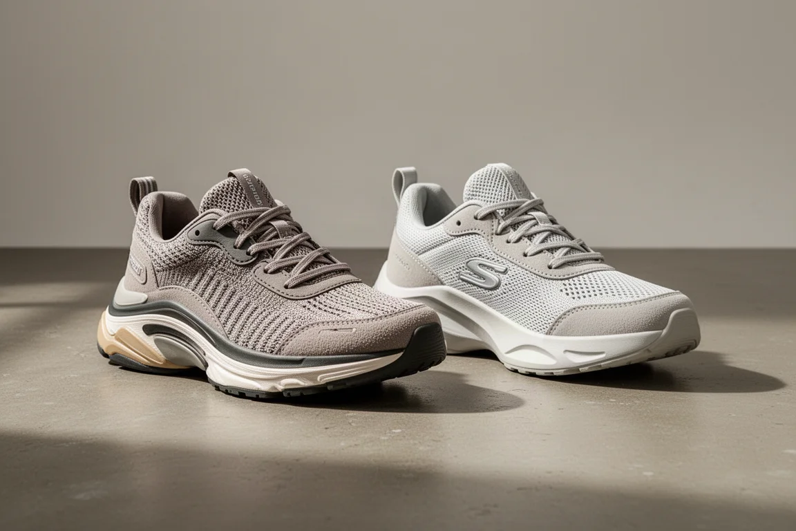 Hoka Clifton 10 and ASICS Novablast 5 running shoes side by side on a concrete studio floor