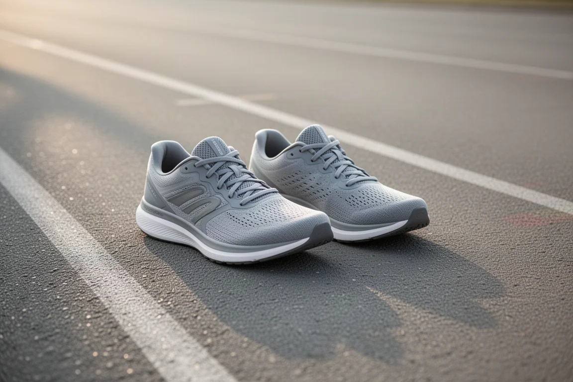 Paio di scarpe da corsa ammortizzate appoggiate su una corsia della pista in luce soffusa