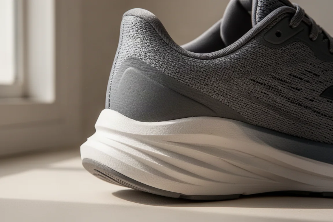Primo piano dell'intersuola di una scarpa ammortizzata con schiuma nel tallone e geometria rocker