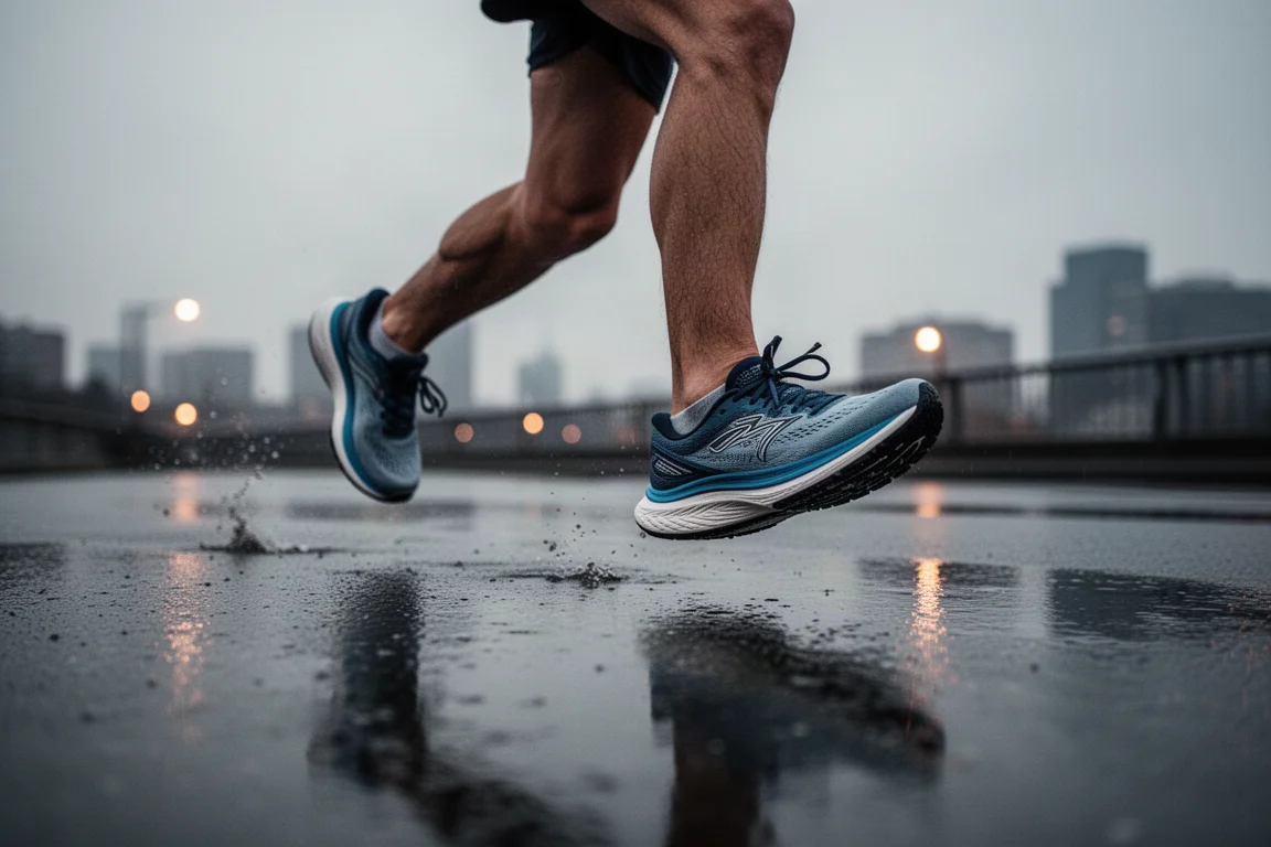 Runner che cammina su asfalto bagnato con scarpe da corsa ammortizzate al crepuscolo