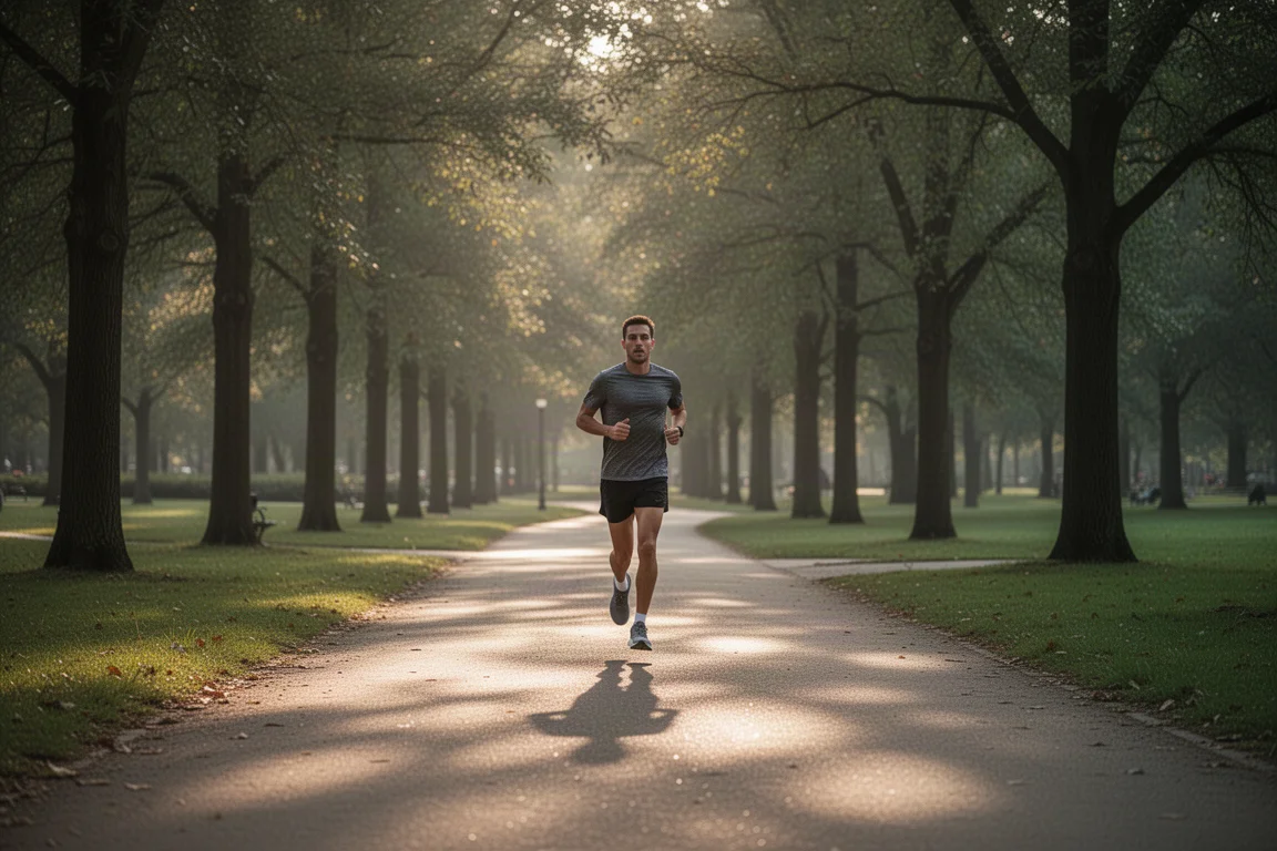 Runner che accumula chilometri facili su un sentiero alberato con scarpe ammortizzate
