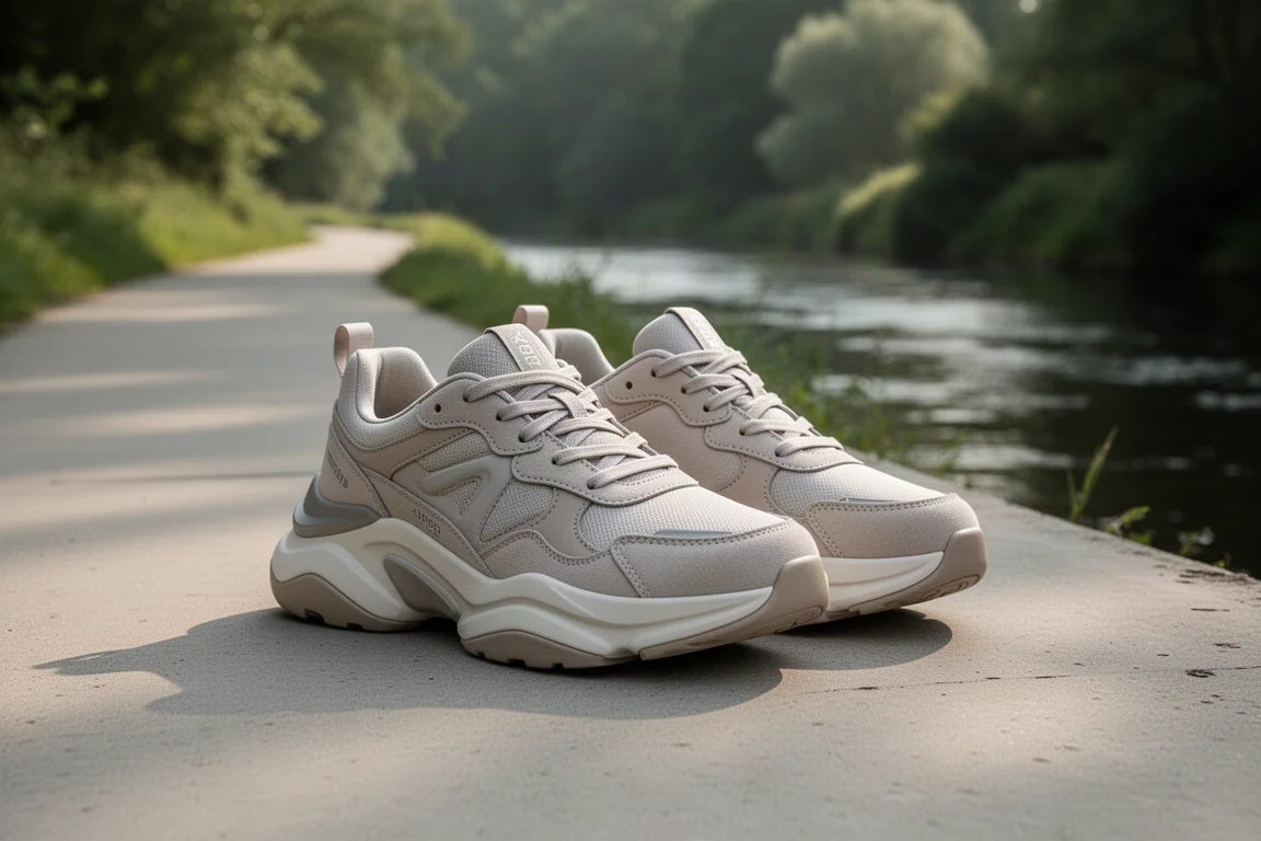 Pair of high-stack cushioned running shoes on concrete beside a riverside path