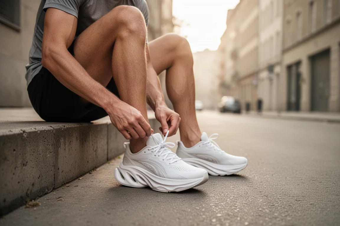 Runner lacing up a cushioned running shoe on a city sidewalk in morning light