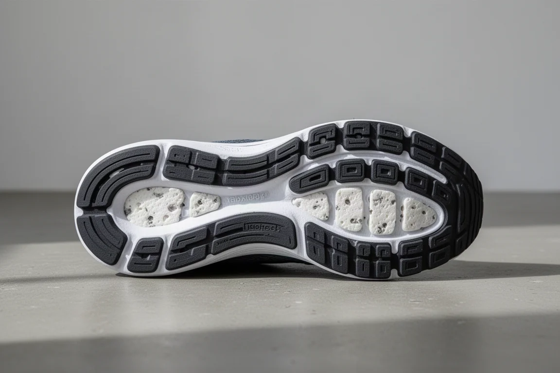 Close-up of a rubber running shoe outsole showing traction pods and exposed foam