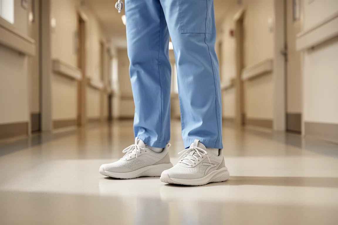 Nurse in soft sneakers standing on a polished hospital floor during a long shift