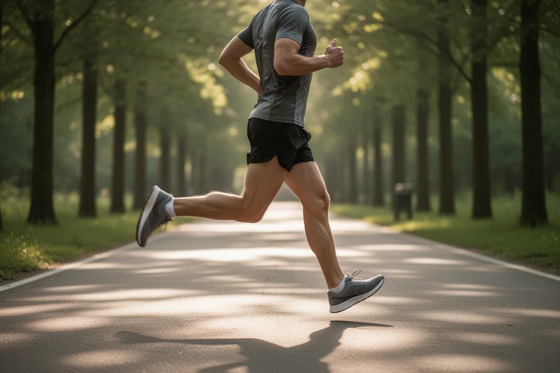Runner cruising along a tree-lined path in soft afternoon light