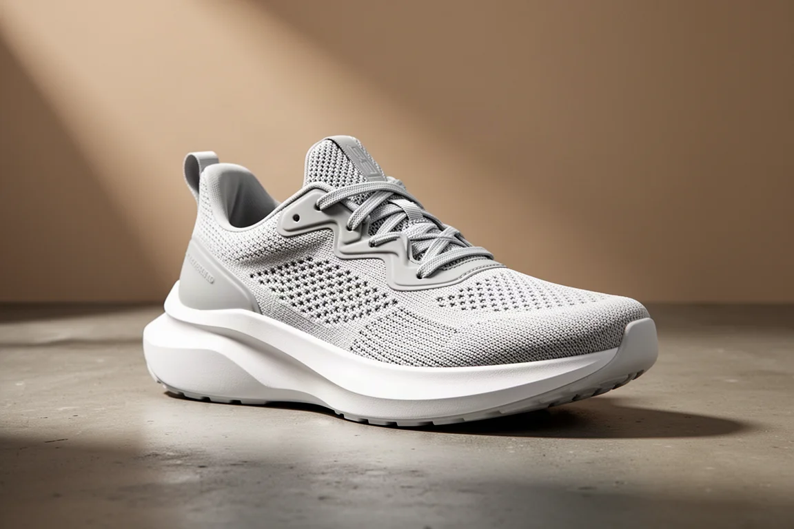 Weißer maximal gedämpfter Laufschuh auf einer Betonoberfläche