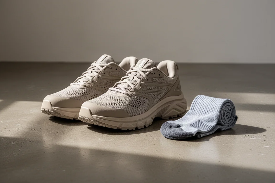Un corridore allaccia le scarpe di un paio di calzature da allenamento quotidiano ammortizzate