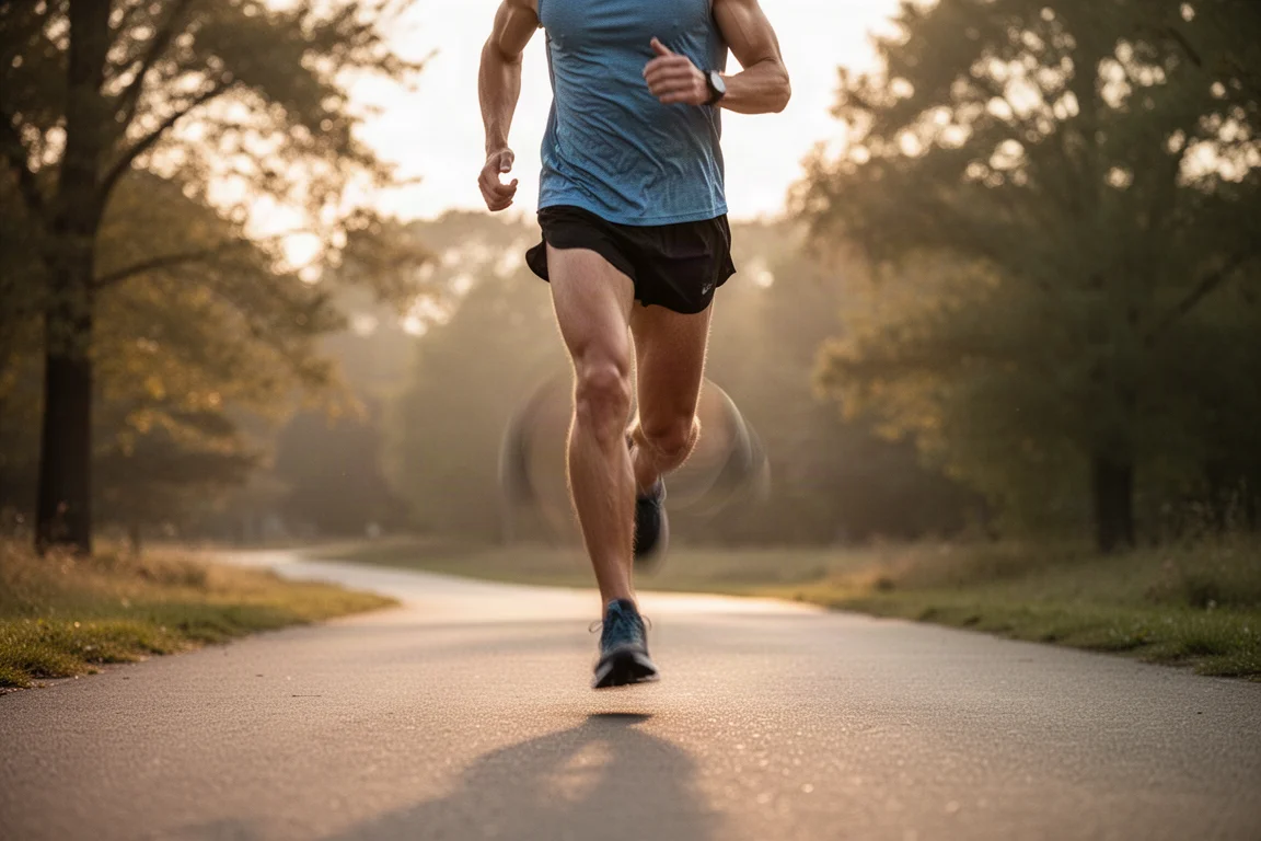 Un corridore percorre chilometri tranquilli su un viale asfaltato silenzioso al tramonto