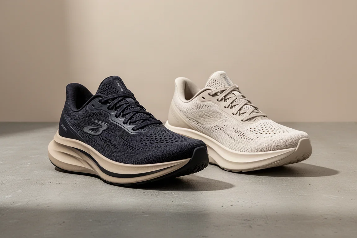 Two Hoka Clifton running shoes side by side on a concrete surface