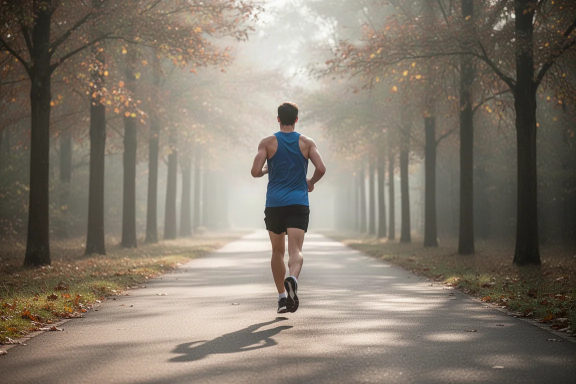 Runner striding along a city sidewalk in the early evening