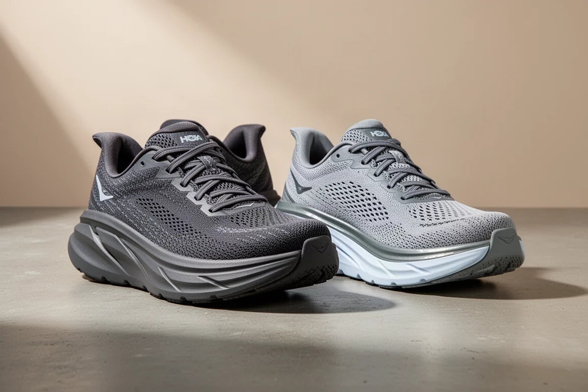 Two pairs of cushioned running shoes side by side on a concrete surface
