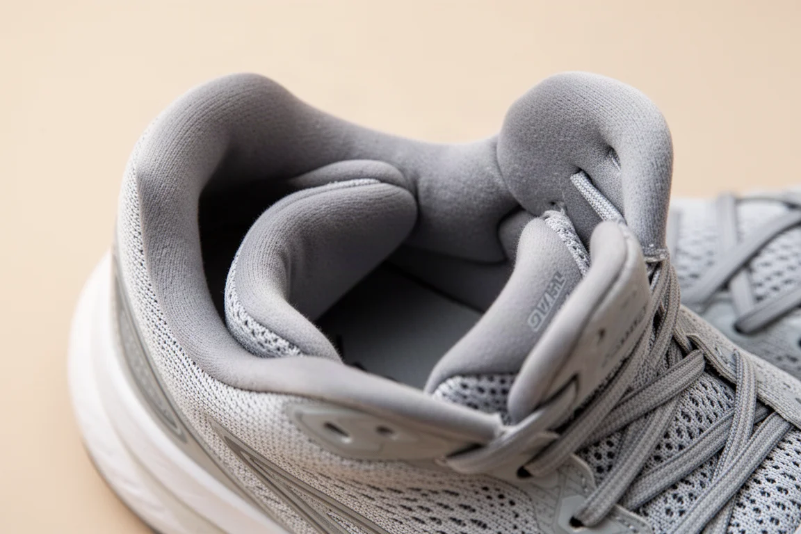 Détail de la languette rembourrée et moelleuse et du collier de talon d'une chaussure de running
