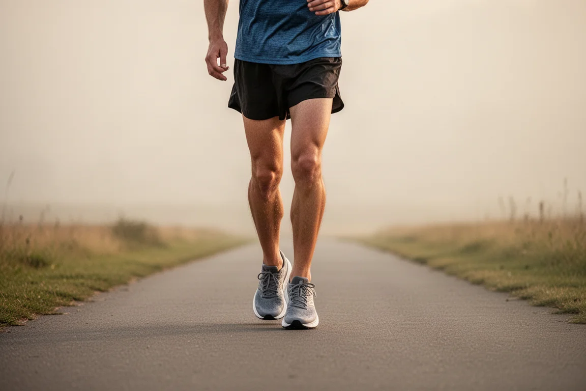 Coureur marchant sur un chemin dans des chaussures de running confortables après une séance