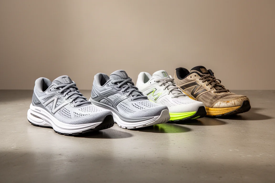 Four running shoes lined up on a concrete surface