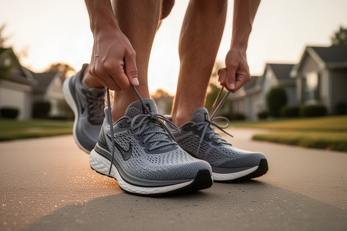 Un coureur attache les lacets d'une chaussure d'entraînement quotidienne amortie dans une douce lumière du matin