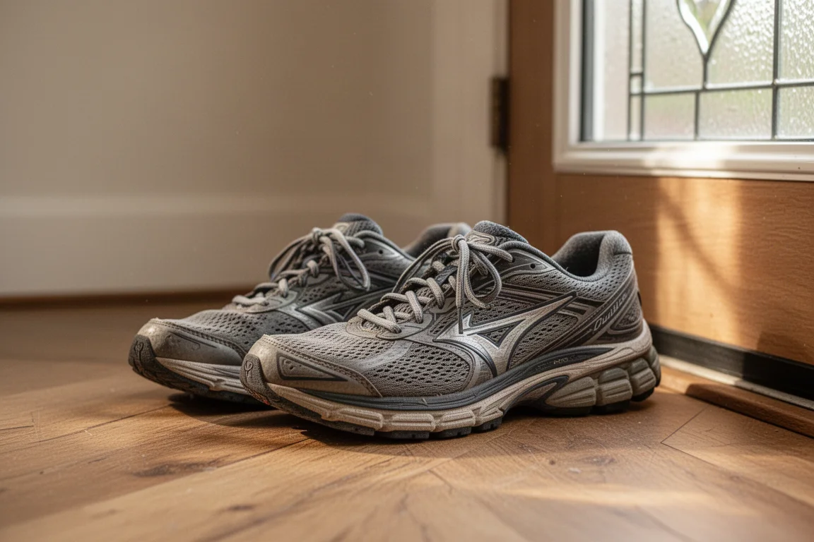 Une rangée de chaussures d'entraînement quotidiennes neutres alignées au sol d'un studio pour comparaison