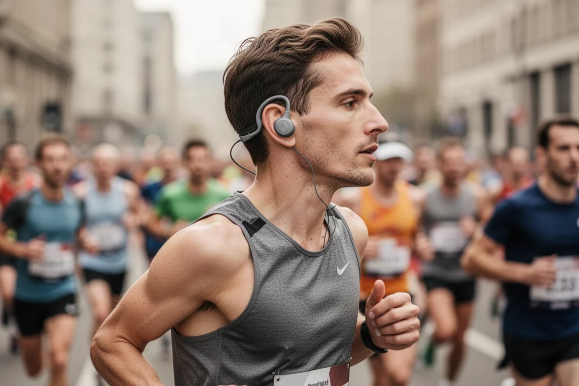 Podista che indossa cuffie sportive open-ear con ganci auricolari in una folla affollata di gara