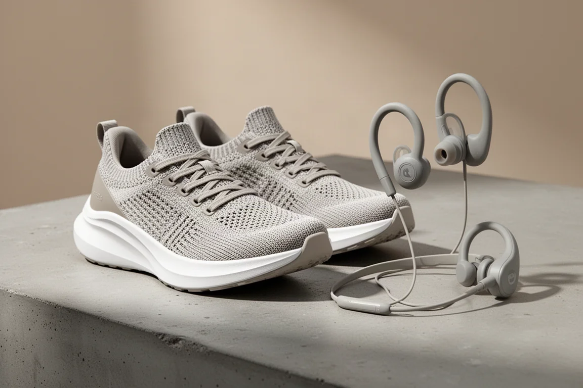 Cushioned running shoes and open-ear sports headphones on a concrete surface