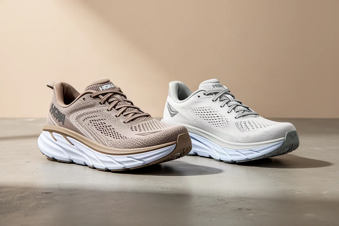 Hoka Clifton 9 and Mach 5 running shoes side by side on a concrete surface