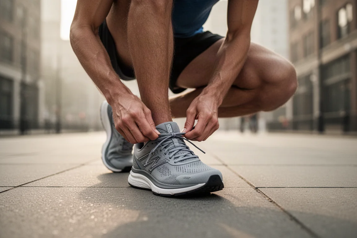 Runner tying laces on a cushioned daily trainer on a quiet city pavement