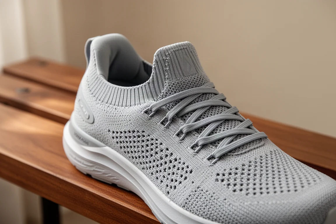 Close-up of a knit running shoe upper showing padded heel collar and lacing