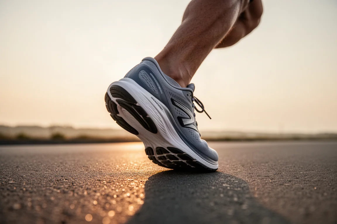 Runner's foot mid-stride on a soft cushioned midsole at sunrise