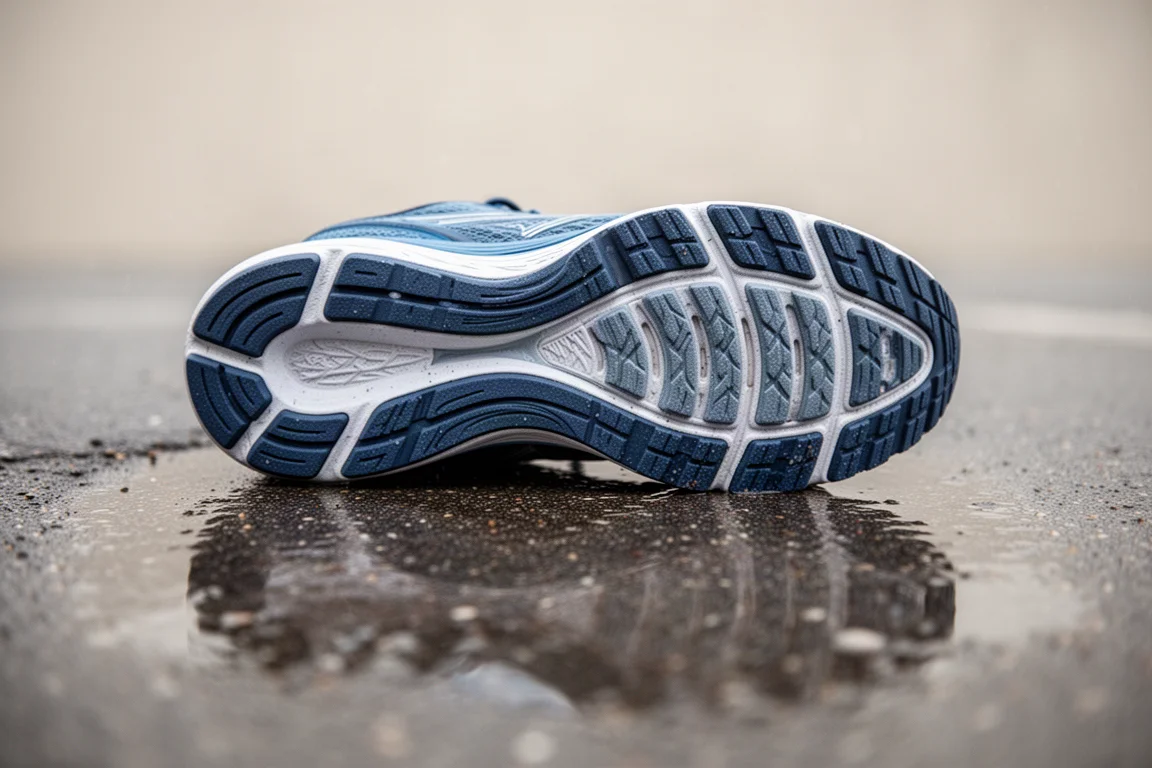 Close-up of a running shoe outsole rubber pattern on wet pavement