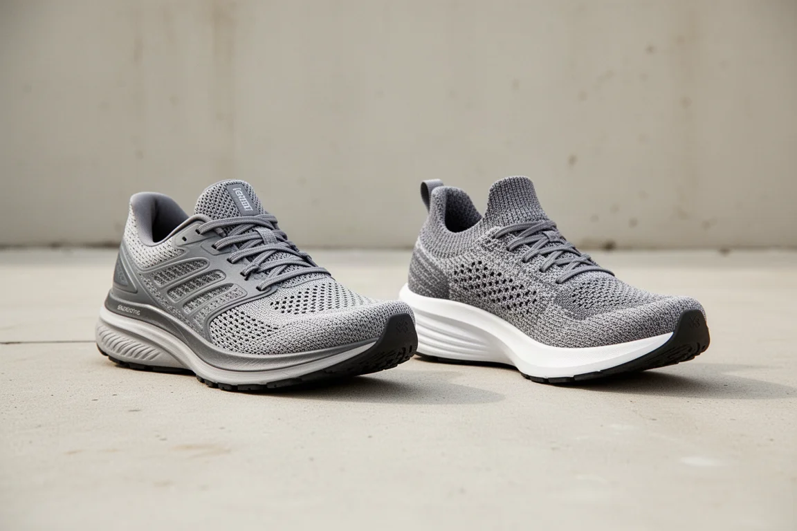 Dos zapatillas de running de Hoka lado a lado sobre una superficie de hormigón claro