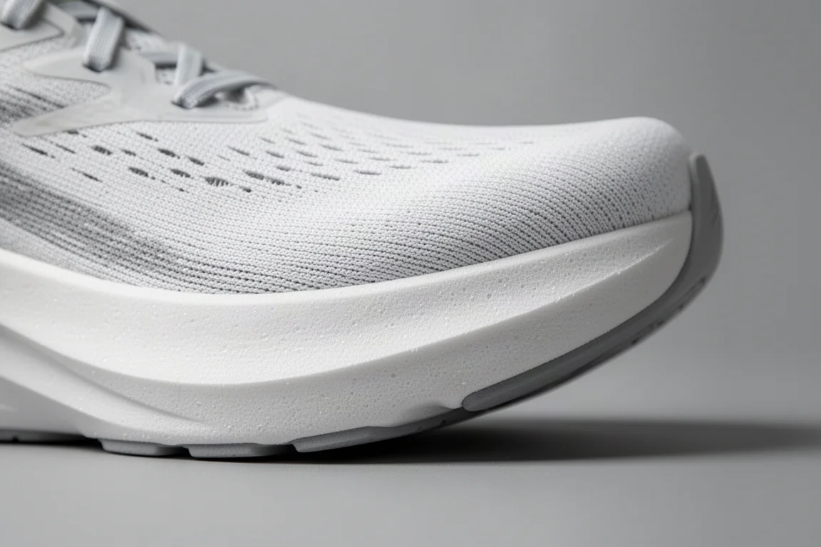 Primer plano de una mediasuela gruesa de zapatilla de running mostrando la textura de la espuma