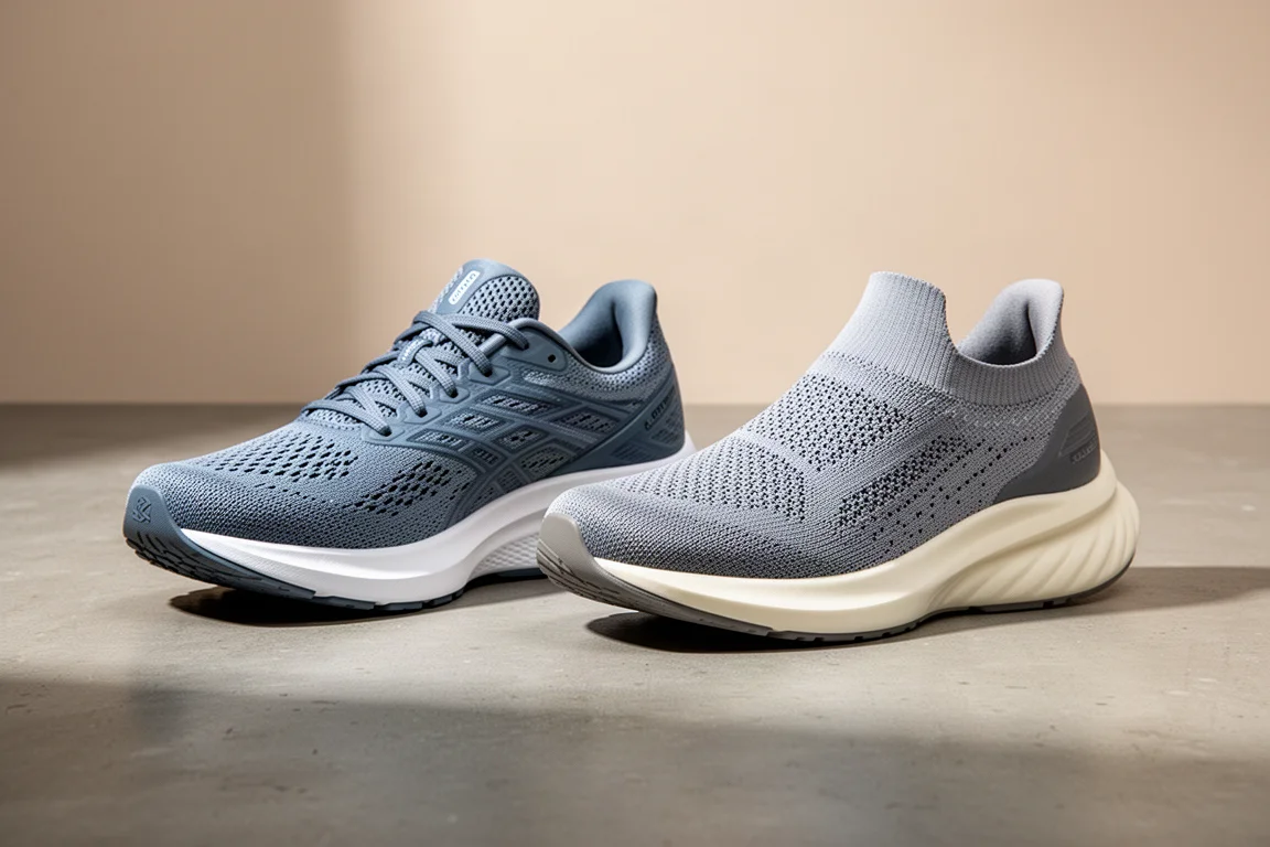 Hoka Clifton 9 and Hoka Skyflow running shoes side by side on concrete