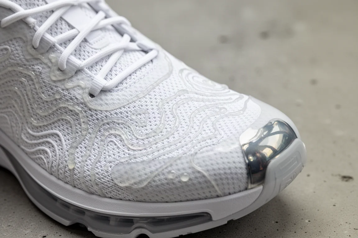 Primo piano della tomaia in mesh jacquard bianco di una scarpa da running con overlay tecnici