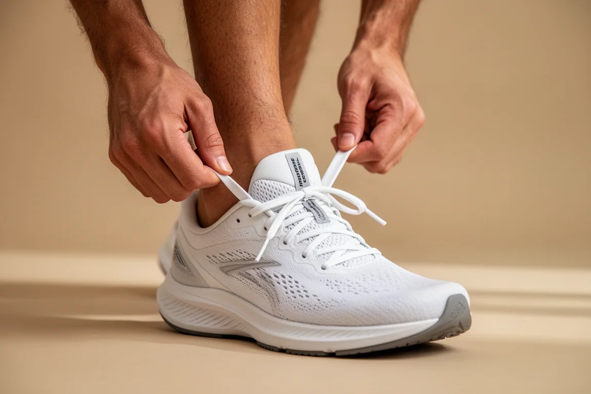 Un runner che tira le linguette del tallone per indossare un paio di scarpe da running aderenti