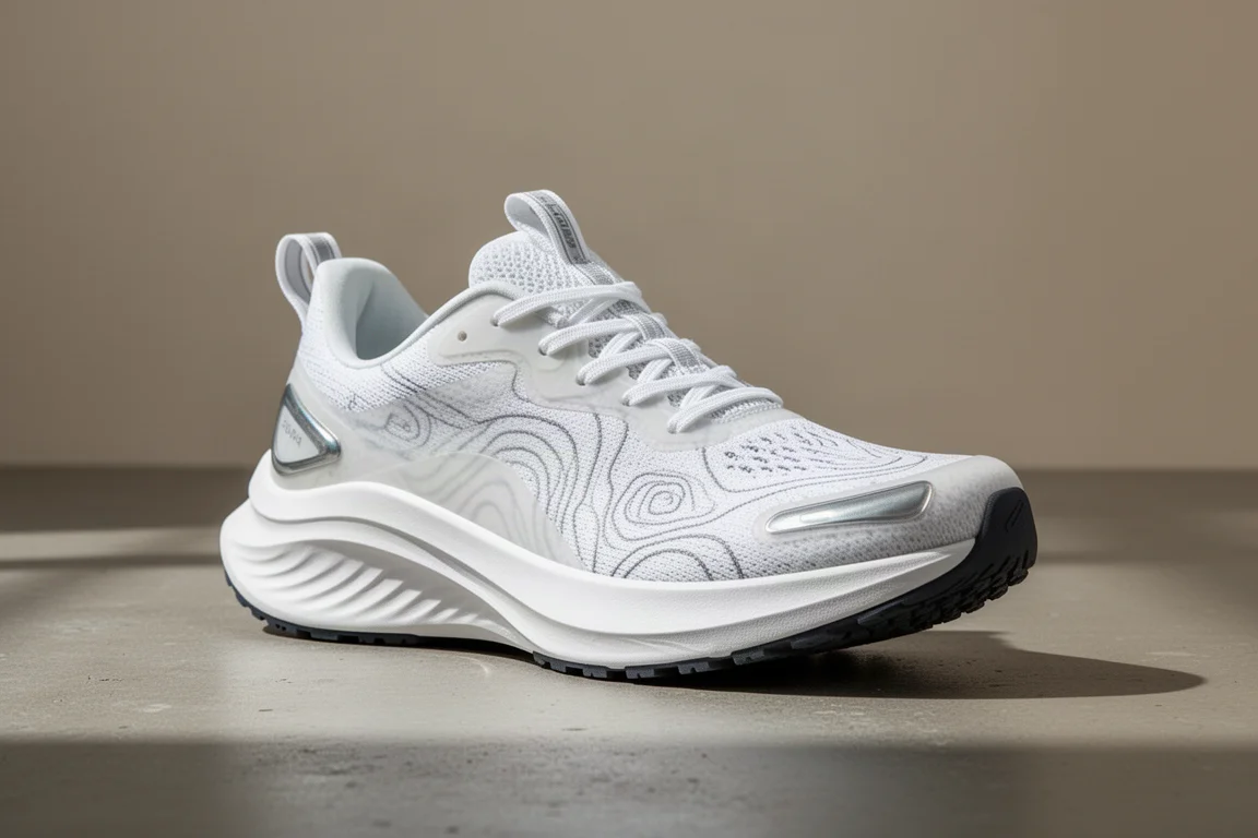 White Hoka Clifton LS x Satisfy running shoe with jacquard mesh upper on concrete